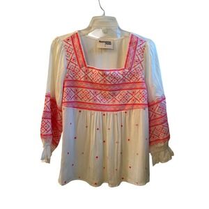 Savanna Jane White Pink Embroidered Boho Peasant Blouse Top Size Small